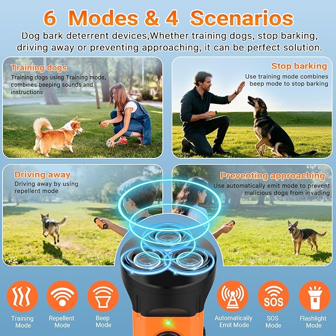 Dog Bark Deterrent Device,3X Anti Barking Device,6 Training Modes&4 Using Scenarios Dog Whistle to Stop Barking,50FT Range Ultrasonic Dog Repeller,Indoors&Outdoors Dog Barking Silencer