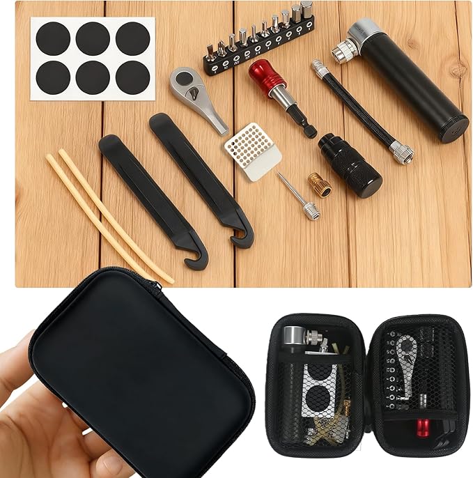 28Pcs Bike Tool Kit Portable, 1/4 Inch Small Torque Wrench Magnetic Ratchet Screwdriver Set, Bicycle Repair Kit Compact for Mountain Road Electric E Ebike, Bike Tire Tube Patch with Mini Pump