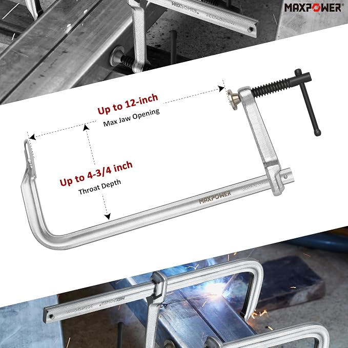MAXPOWER 12-inch F Clamp, 4-3/4" Throat, Forged Full Steel Bar Clamp