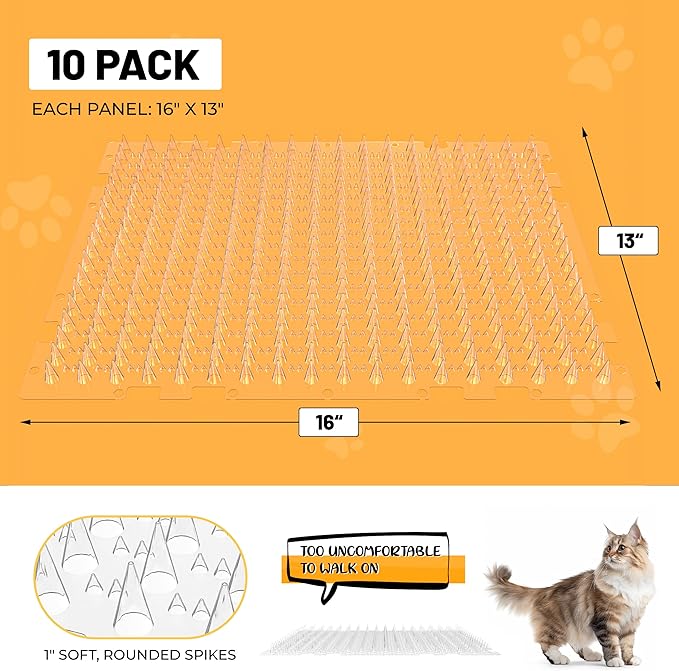 Scat Mat for Cats 16 x 13 Inch, 10 Pack Clear Cat Deterrent Mats with 1 Inch Spikes & 50 Stickers, Indoor Outdoor Pet Training Pads to Keep Cats Off Sofa, Counter, Garden & Car