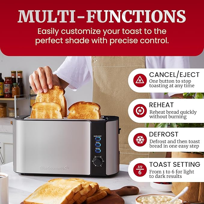 Elite Gourmet ECT-3100 4-Slice Long Slot Toaster | Extra Wide Slots for Bagels, Sourdough & Texas Toast | 6 Browning Settings | Reheat, Defrost & Cancel | Built-In Warming Rack | Stainless Steel