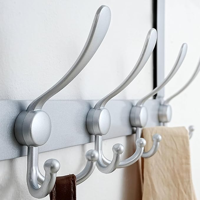 Dseap Over The Door Hook Hanger - Fits 1 3/8" to 1 3/4" Standard Doors | 5 Tri Hooks Heavy Duty Towel/Coat Rack | Door Organizer for Clothes, Jackets, Hats, Towels, Silver