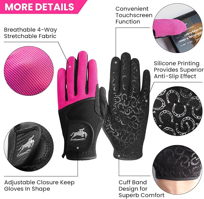 FINGER TEN Womens Horse Riding Gloves Premium Equestrian Horseback Gloves for Ladies, Mesh Breathable Lightweight Comfortable Grip Summer Color Pack