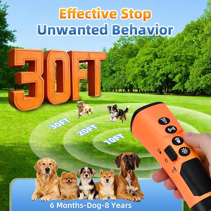 4X Ultrasonic Dog Bark Deterrent Device, 2026 Newest Stop Neighbors Dog Barking, 4 Nozzles Up 90% Efficiency, 3 Modes Humane Training Tool with Flashlight , Safe for Pet Indoor Outdoor（Orange）