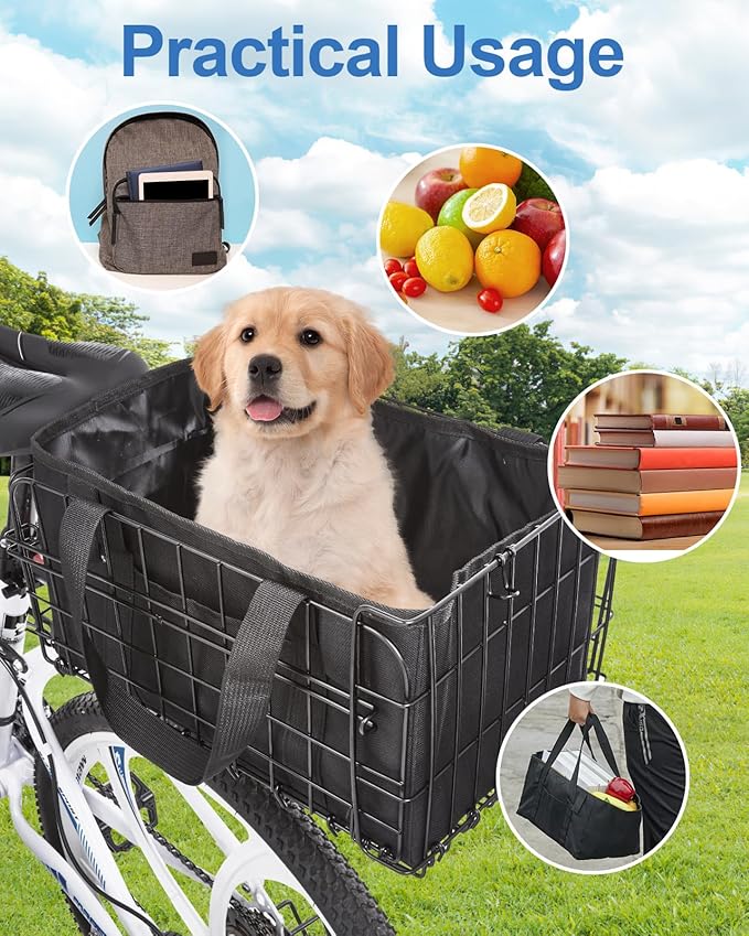 Zacro Bike Basket Rear Large Folding Metal Bicycle Ebike Basket, Quick Release Design for Adult Women/Men Carrying Dogs, Pets, Fruit & Grocery