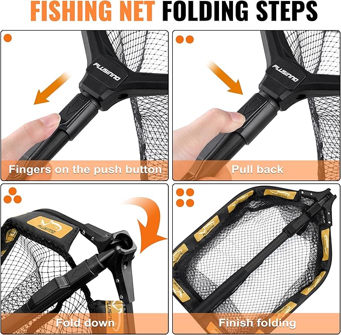 PLUSINNO Floating Fishing Net for Steelhead, Salmon, Fly, Kayak, Catfish, Bass, Trout Fishing, Rubber Coated Foldable Landing Net with Fixed or Telescoping Pole Handle, Fishing Gear and Gifts for Men