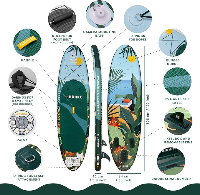 HUIIKE Inflatable Paddle Board for Adults with Accessories Included, Oar, Fins, Pump. Stand Up Paddleboard Great Stability and Resistance. 10’ x 33" x 5.9", Maximum Load 286 lb
