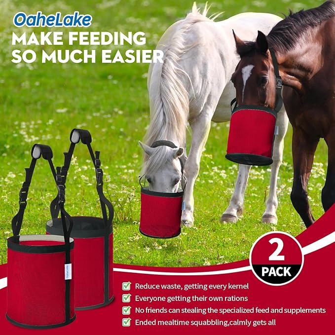 Horse Feed Bag 2 PCs, Breathable Mesh Feed Bags for Horses, Muzzle Feedbag for Feeding Grain, Anti-Spill Design Feeder, Soft Neck Pad Nose Pad, Universal Fit (Red)