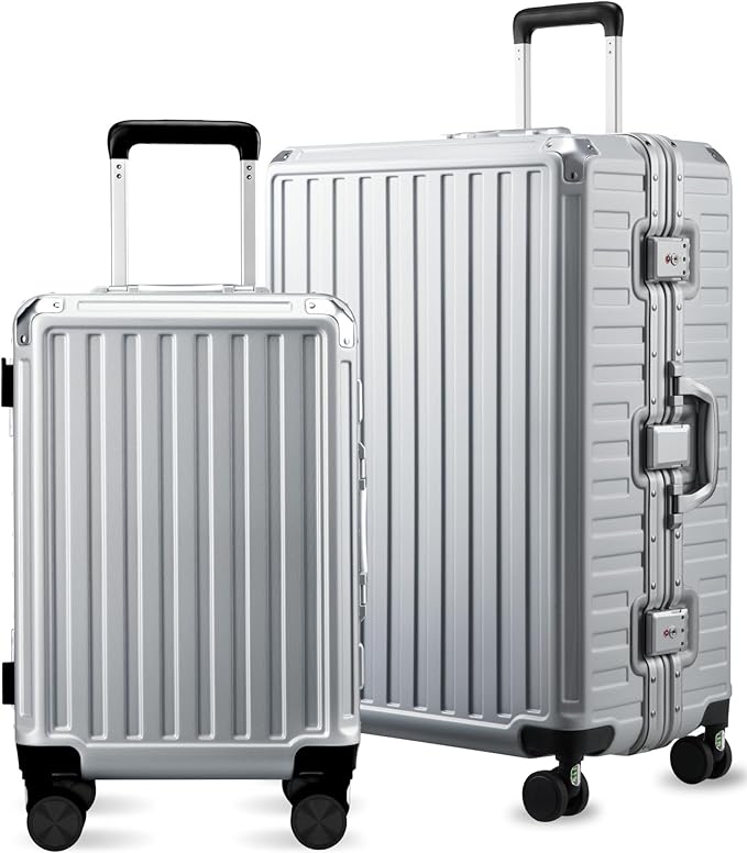 Luggage Sets with Spinner Wheels, 8010S Aluminum Frame Zipperless Polycarbonate Hard Shell Suitcase Sets (ZX-Core, Silver, 2 Piece (20/28))