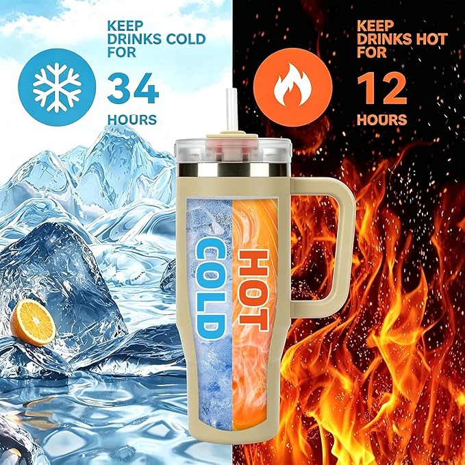 TYESO Vacuum Insulated Tumbler Water Bottle Cold Insulation Stainless Steel Bottle Straw Handle Mug Double Wall Wide Mouth (KHAKI, 40 oz)
