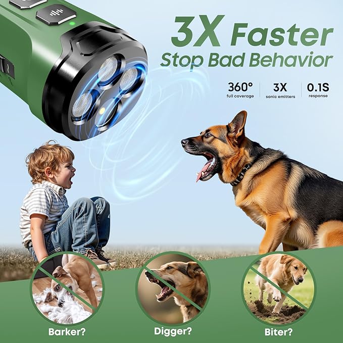 Dog Bark Deterrent Devices - Humane & Effective Training Dog, Stop No More Barking with 3X Ultrasonic Emitters (Green)