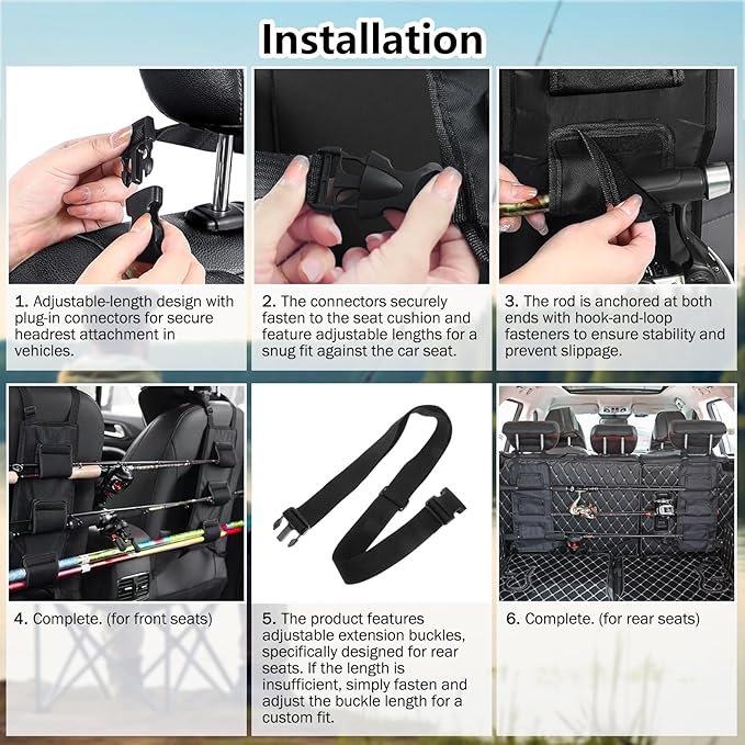Cooltto Fishing Rod Holder for Car, Truck, SUV - 3-Rod Seat Rack Carrier with Adjustable Straps, Heavy-Duty Fishing Pole Storage for Front & Rear Seats, Universal Vehicle Organizer with Quick Release