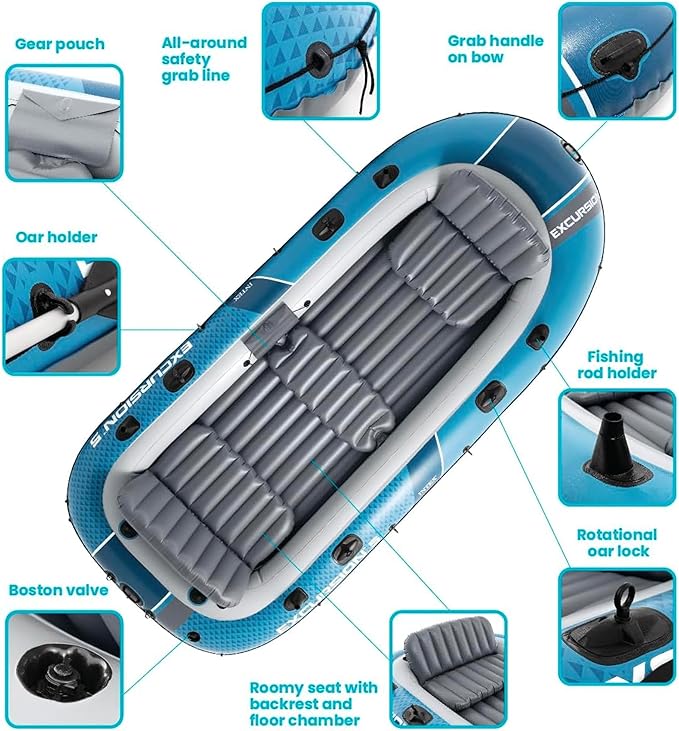 INTEX 66325EP Excursion 5 Inflatable Boat Set: Includes Deluxe 54in Aluminum Oars and High-Output-Pump – Adjustable Seats with Backrest – Fishing Rod Holders – 5-Person – 1320lb Weight Capacity