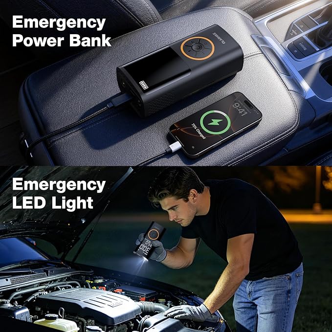 OlarHike Tire Inflator Portable Air Compressor, 6000mAh,Smart Dual Hose System, Auto Air Pump for Car Tires, Bike,Bicycle, Motorcycles, with LED Light & Digital Pressure Gauge，Gifts for Men & Women