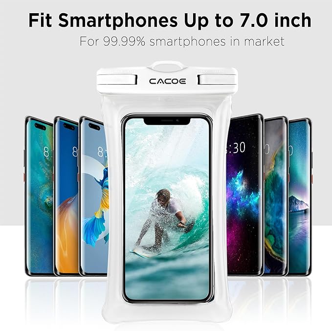 CACOE [Floatable] Floating Universal Waterproof Phone case 2 Pcs-Up to 7.0",Waterproof Phone Pouch with Adjustable Neck Lanyard,IPX8 Cellphone Dry Bags for Beach Pool Swimming（White+Blue）