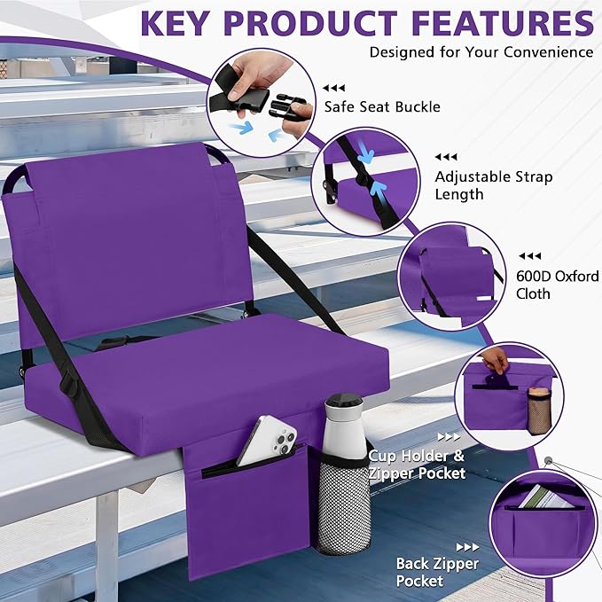Stadium Seats for Bleachers with Back Support Bleacher Seat Soft Cushion Light Weight Includes Shoulder Strap & Cup Holder, Front & Back Zipper Pocket, Suitable for Sports Events,Purple