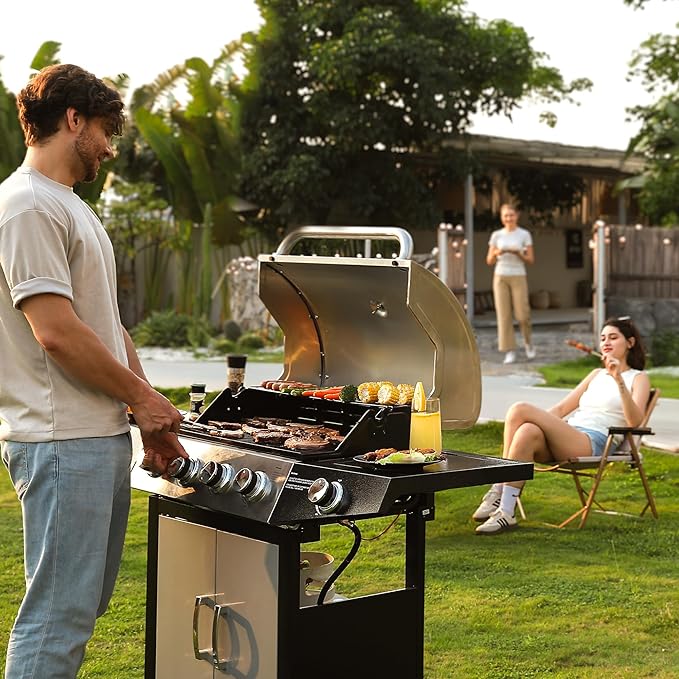 MASTER COOK 4+1 Burners Gas Grill, 518 Sq.in.Cooking Area, 52,000 BTU Propane Grill with Side Burner, Stainless Steel Cabinet Grill, Silver & Black