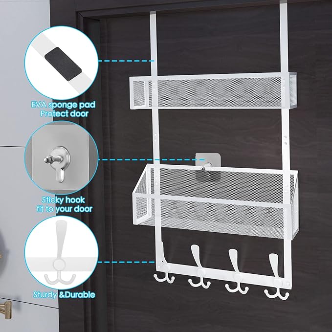 Over The Door Hooks Organizer, Coat Rack Over The Door Storage Hanger Towel Rack, Back of Door Storage Organizer for Bathroom,Bedroom,Kitchen,Office (White, 3-Tier)