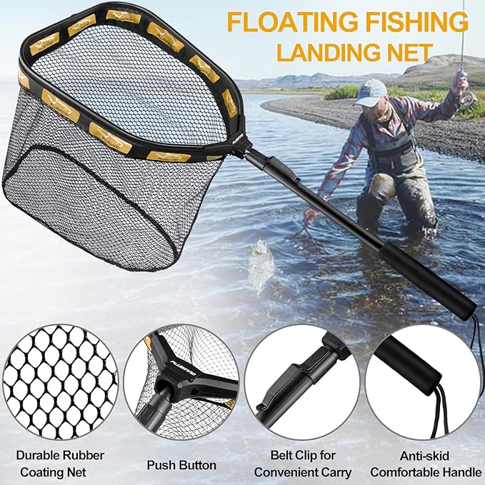 PLUSINNO Floating Fishing Net for Steelhead, Salmon, Fly, Kayak, Catfish, Bass, Trout Fishing, Rubber Coated Foldable Landing Net with Fixed or Telescoping Pole Handle, Fishing Gear and Gifts for Men