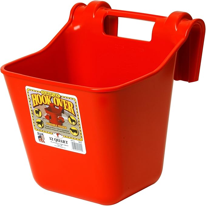 Little Giant® Plastic Hook Over Feeder | Mountable Livestock & Pet Feed Bucket | Horse Feed Bucket | Made in USA | 12 Quarts | Red