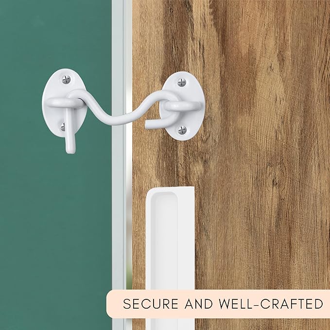 Eco-Fused 3-inch Heavy Duty Hook and Eye Latch - 1x Barn Door Lock (White), 4X Mounting Screws - Powder Coated Stainless Steel Hooks for Door, Windows, Sheds, Fences, Gates, Closets, Cabinets