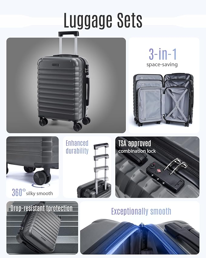 LIGHT FLIGHT スーツケースセット 3点セット 耐久性 スピナーホイール付き 3ピース ハードサイド 軽量 TSAロック付き 大型受託手荷物 20/24/28インチ グレー