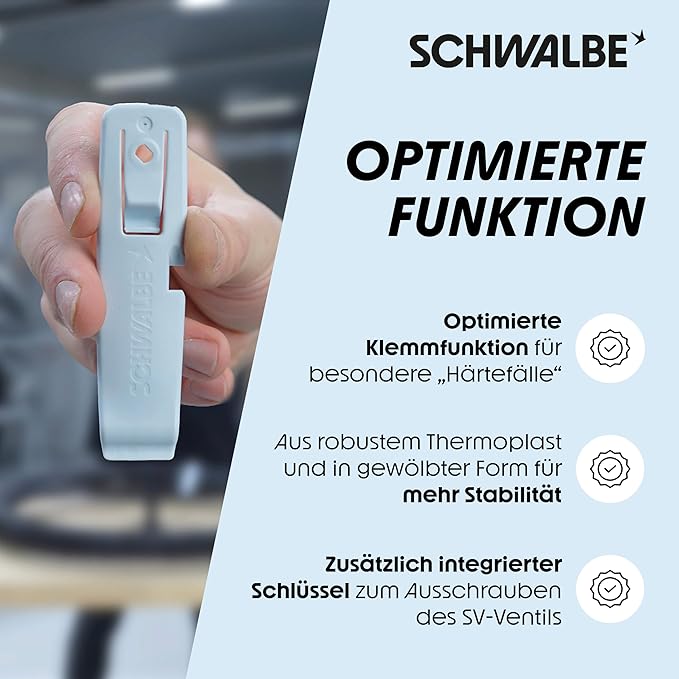 Schwalbe Reifenheber Fahrrad - 3er Set Fahrrad Reifenheber – 3in1 Fahrrad Werkzeug, Montierhebel mit integrierter Klemmfunktion und SV Ventilschlüssel