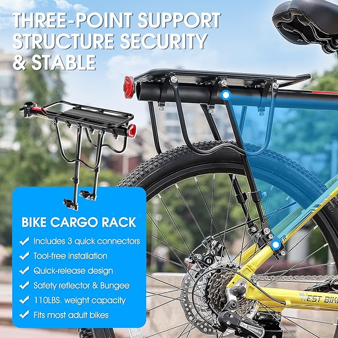 West Biking 110Lb Capacity Almost Universal Adjustable Bike Cargo Rack Cycling Equipment Stand Footstock Bicycle Luggage Carrier Racks with Reflective Logo (Black)
