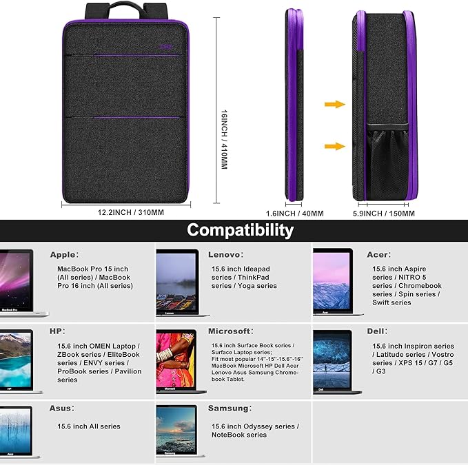 ZINZ Slim & Expandable Laptop Backpack 15 15.6 16 Inch Sleeve, Spill-Resistant Notebooks Bag Case for Most 14-16 Inch MacBooks Surface-Books Dell HP Lenovo Asus Computers, B01PU01