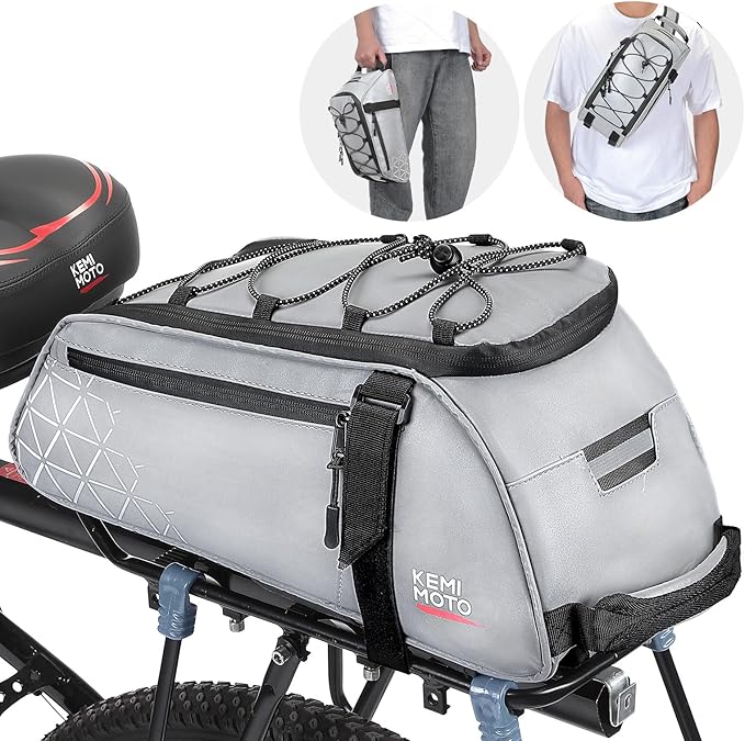 KEMIMOTO Rear Bike Rack Bag, 8L Full Reflective PVC Water Resistant Bicycle Trunk for Road and Mountain Bikes, Ebike Rack Bag with Side Pockets for Cycling Travel Commute