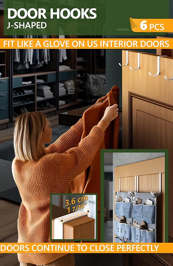 Over the Door Hooks 6+2+2 Cruise Must Haves Set, White - Coat Hanger 6 pcs fits 1 3/8" + Towel Holder 2 pcs fits up to 1 3/4" + Cabinet Hooks 2 pcs with Anti-Scratch & Non-Slip Pads
