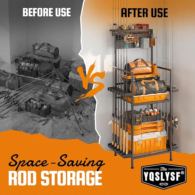 Fishing Rod Holders for Garage with Pegboard & Metal Mesh Basket, Fishing Rod Storage Rack, Vertical Fishing Pole Holder for Up to 12 Poles, Tackle Gear Organizer