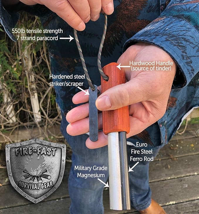 Fire-Fast Trekker。緊急防水サバイバル火起こし器。マグネシウムとユーロファイヤースチール製フェロロッド。ブッシュクラフト、キャンプ、バックパッキング、ハイキング、ハンティング、または非常持ち出し袋用のコンパクトで耐久性のあるツール。