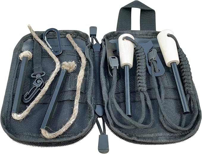 Fire Starter Survival Kit, Larger Ferro Rod with Striker Lanyard 3in Long Flint and Steel, 13.8in Wick Hemp Cord, Multifunctional Bag