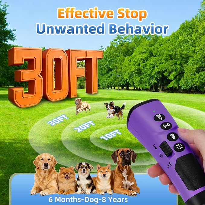 4X Ultrasonic Dog Bark Deterrent Device, 2026 Newest Stop Neighbors Dog Barking, 4 Nozzles Up 90% Efficiency, 3 Modes Humane Training Tool with Flashlight , Safe for Pet Indoor Outdoor(Purple)