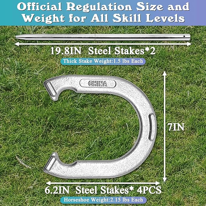 Heavy-Duty Horseshoe Outside Game Set with 4 Forged Steel Horseshoes，2 Steel Stakes and 1 Carrying Bag,Regulation Size Horseshoes Game Set for Outdoor Lawn, Beach, Backyard