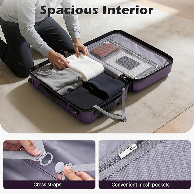 COOLIFE スーツケース 拡張可能 PC+ABS TSAロック搭載 キャリーケース スピナー付き 3点セット (パープル, 3点セット)