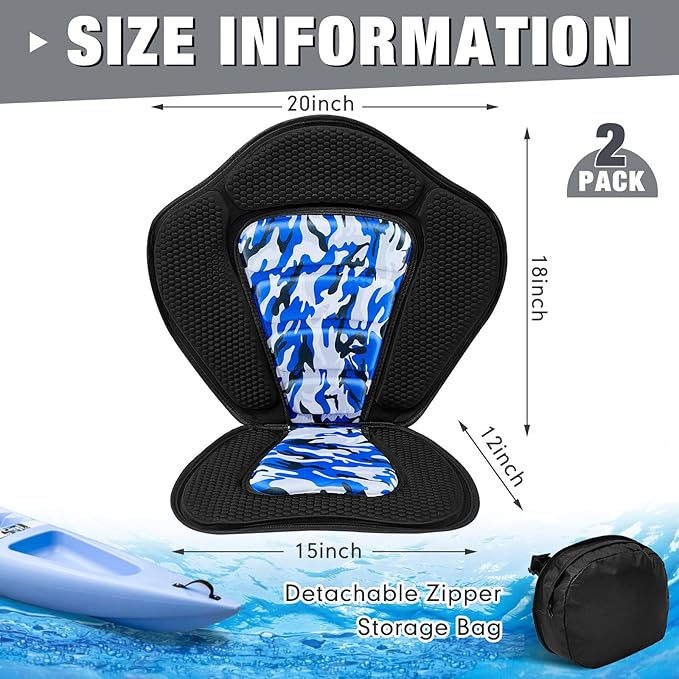 Lewtemi 2 Pack Kayak Seats with Back Support Adjustable Sit on Top Padded Boat Seat with Detachable Storage Bag and 8 Fixed D Ring and Screws