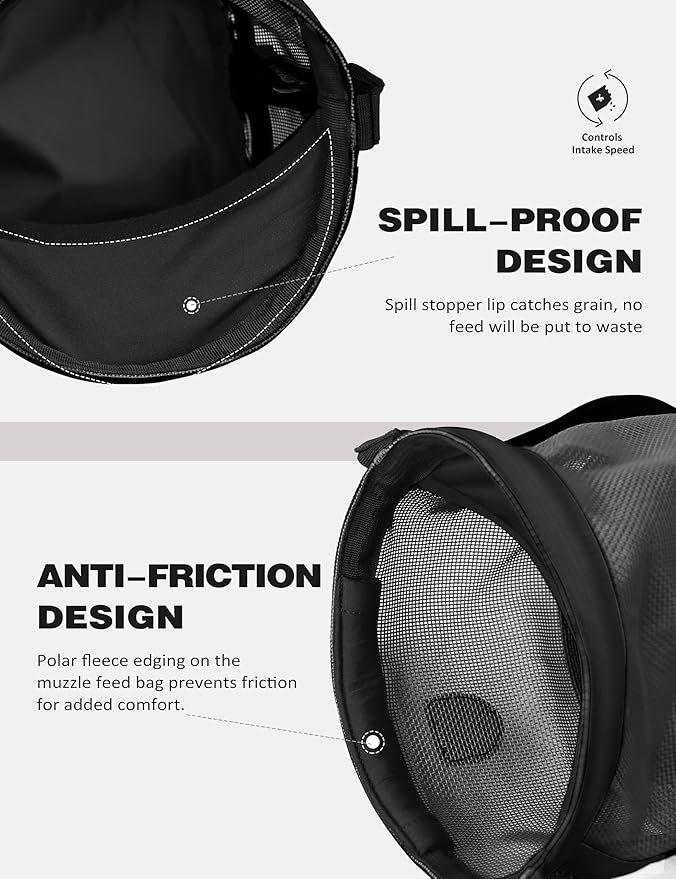 Harrison Howard Horse Muzzle Feed Bag Nylon Mesh Grain Feed Bag with Padded Neck Strap Adjustable Belt Black Large