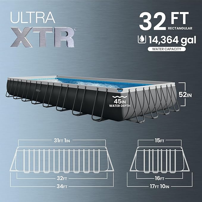 INTEX ウルトラXTR 32ft x 16ft 52インチ 地上設置型プールセット 長方形スイミングプール 砂ポンプ、塩水システム、メンテナンスキット、バレーボールゲーム付き