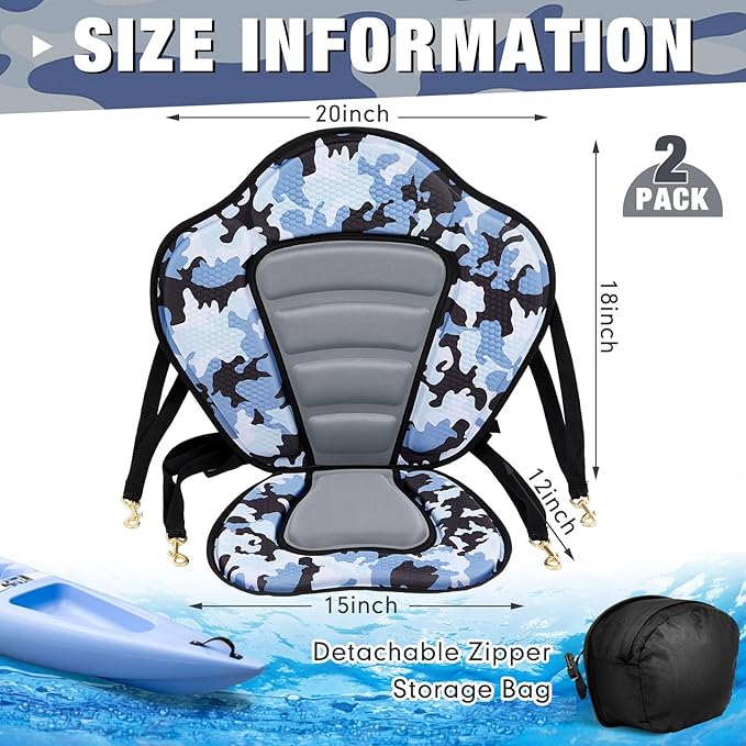 Lewtemi 2 Pack Kayak Seats with Back Support Adjustable Sit on Top Padded Boat Seat with Detachable Storage Bag and 8 Fixed D Ring and Screws