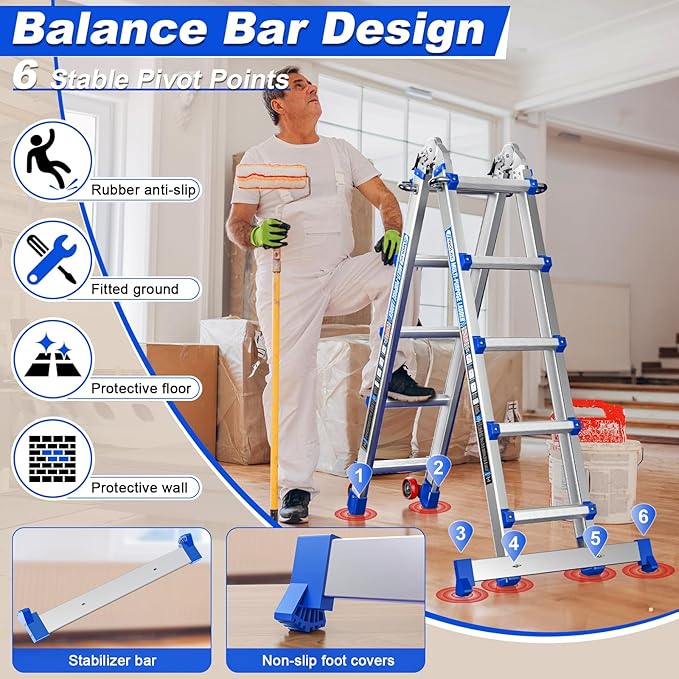 Telescoping A-Frame Ladder- 17FT Folding Extension Ladder with Wheels & Stabilizer Bar, 330lb Security Load Multi Position Ladders for Stairs Home Indoor Outdoor Roof