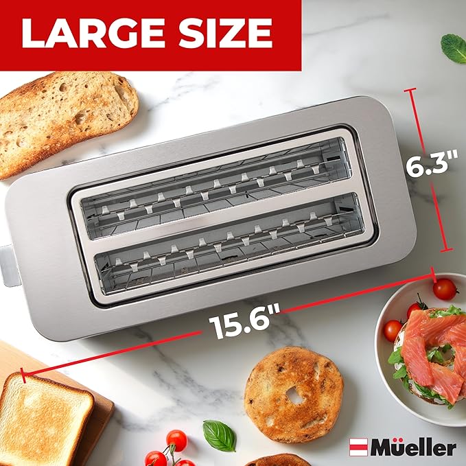 Mueller UltraToast ステンレス製トースター 4枚切り – 食パン、ベーグル、冷凍ワッフル対応 1.6インチ幅広スロット、6段階焼き色調節、LEDディスプレイ、キャンセル/解凍/再加熱機能、取り外し可能なくず受け皿