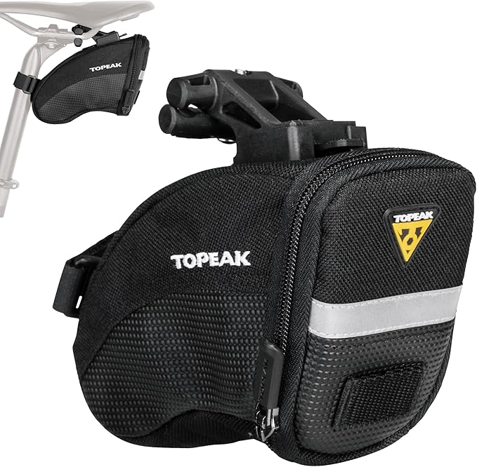 Topeak Aero Wedge Pack with Fixer F25 (Small) – Compact Aerodynamic Bike Saddle Bag with QuickClick Mount, Durable 1000D Nylon, Reflective Strip & Safety Light Clip