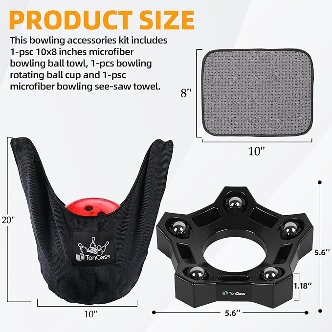 TonGass 3-in-1 ボウリングベーシックアクセサリーキット、マイクロファイバーボウリングボールタオルキット、ボウリング回転ボールカップセット、マイクロファイバーボウリングシーソータオルセット