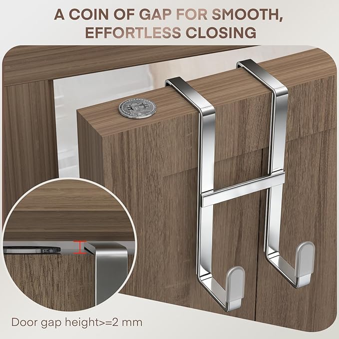 FYY 2 Packs Over The Door Hooks, Dual-Sided Door Hanger Hook, Heavy Duty No Drill Wall Hooks for Hanging Coats, Towels, Bags, Kitchen Closet Fits Most Doors Up to 1-7/8" Thickness (Silver)