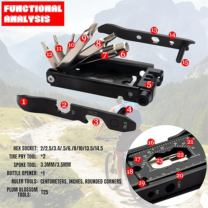 23-in-1 Bicycle Repair Tool Set, Portable Magnetic Multifunctional Tool – Includes Tire Levers, Chain Cutter, 4/5/6/8 mm Hex Wrenches,T25 Box Spanner, and Spoke Wrenches (23 in 1)