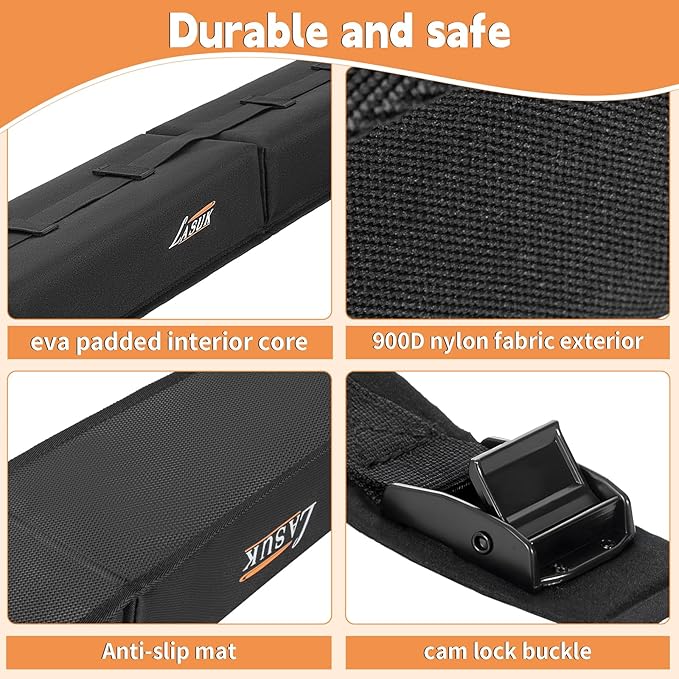 Universal Soft Roof Rack Pads for Kayak SUP Surfboard Snowboard Canoe, Heavy Duty Car Roof Rack System with 2 Tie Down Straps, 4 Quick Loop Straps, 2 Hood Loops, Tie Down Ropes and Storage Bag