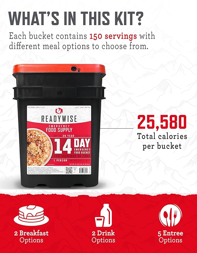 ReadyWise 非常食 – 14日間、150食分のフリーズドライ食品バケツ、プロテインミール、キャンプ用品、サバイバルキット、災害備蓄品、最大25年の保存期間