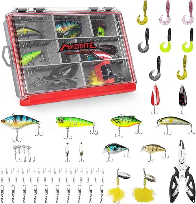 MadBite by KastKing 182/265/400pcs Compact Fishing Tackle Kit - All-in-One Freshwater Hooks, Weights, Bobbers in Tackle Box, Fishing Gear Set for Bass Trout Panfish